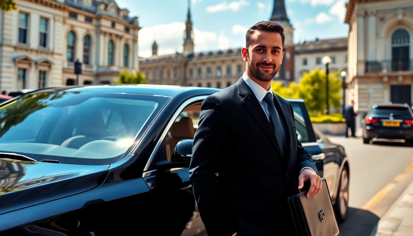 Experienced london chauffeur waiting by a luxury car in London, showcasing elegance and service.