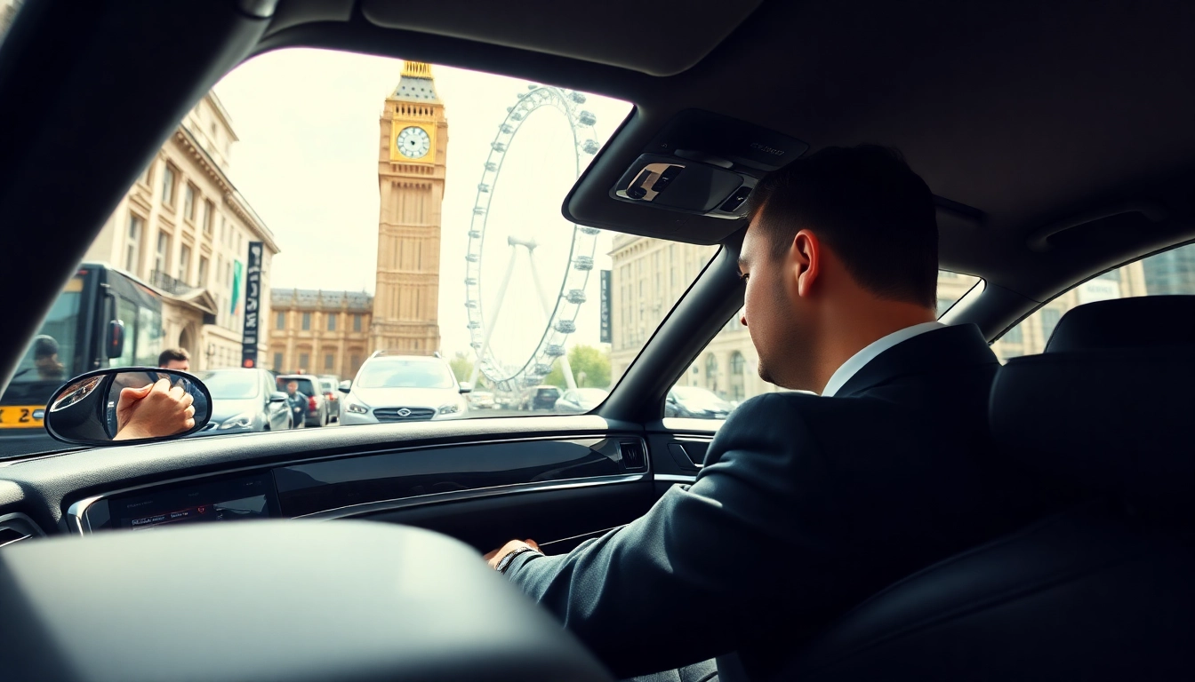 Experience premium chauffeur hire london with a luxury sedan amid London's iconic skyline.